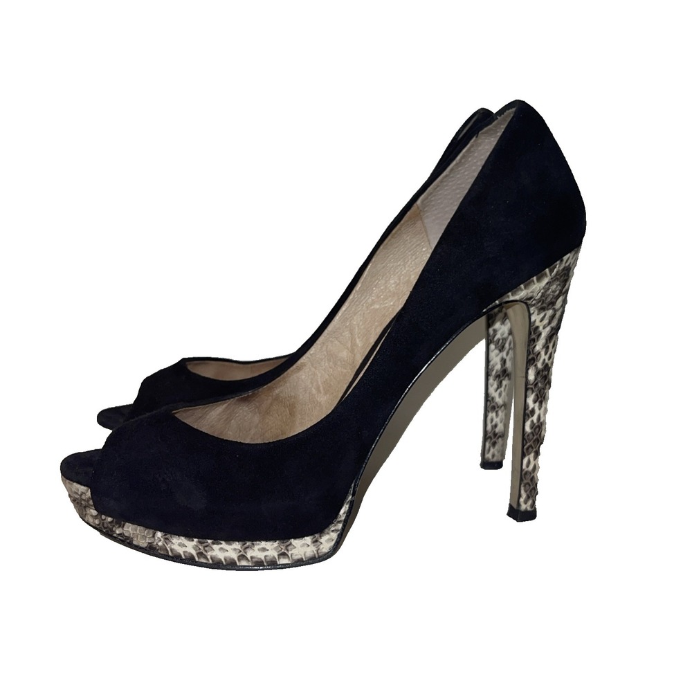 Joan & David Black Suede Platform Peep Toe Python High Heel Size 8.5M